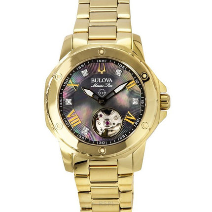 Bulova Marine Star Gold Tone Stainless Steel Black Mother Of Pearl Dial Automatic 97P171 100M Women's Watch