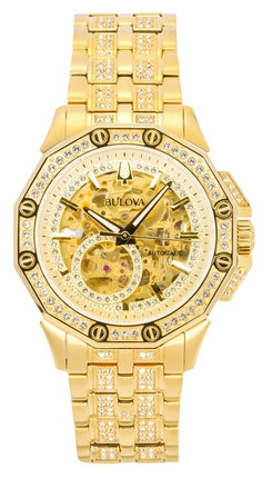 Bulova Octava Crystal Accents Stainless Steel Skeleton Gold Dial Automatic 98A292 Men's Watch