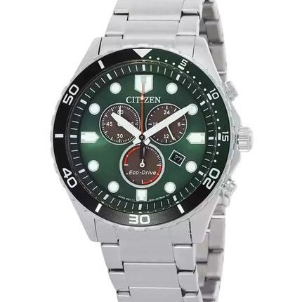 Citizen Eco-Drive Chronograph GMT Stainless Steel Green Dial AT2561-81X 100M Men's Watch