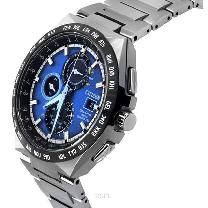 Citizen Eco-Drive Radio Controlled GMT Chronograph Super Titanium Blue Dial AT8238-84L 100M Men's Watch