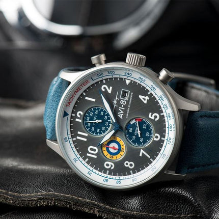 AVI-8 Hawker Hurricane Classic Chronograph Pennant Blue Leather Strap Grey Dial Quartz AV-4011-0F Men's Watch