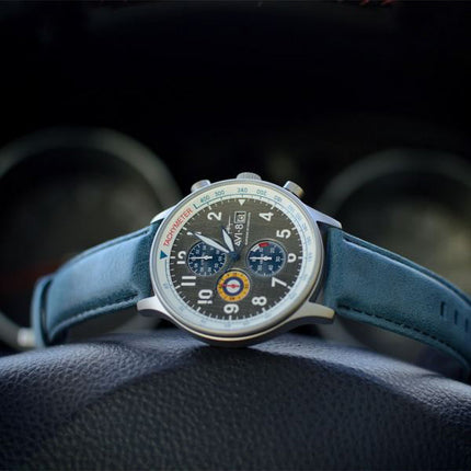 AVI-8 Hawker Hurricane Classic Chronograph Pennant Blue Leather Strap Grey Dial Quartz AV-4011-0F Men's Watch