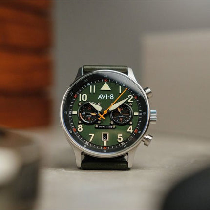 AVI-8 Hawker Hurricane Carey Dual Time Merville Green Dial Quartz AV-4088-02 Mens Watch