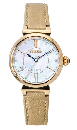 Citizen L Series Diamond Accent Leather Strap White Mother Of Pearl Dial Eco-Drive EM1073-18D Women's Watch