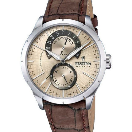 Festina Retro Leather Strap Multifunction Beige Dial Quartz F16573-9 Mens Watch