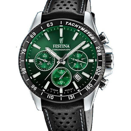 Festina Timeless Chronograph Leather Strap Green Dial Quartz F20561-5 100M Mens Watch