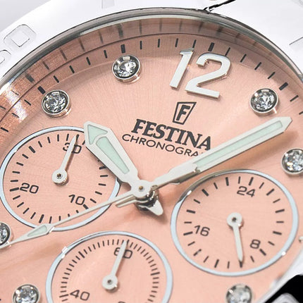 Festina Boyfriend Chronograph Crystal Accents Pink Dial Quartz F20603-7 100M Women's Watch