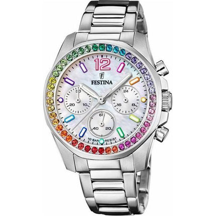 Festina Rainbow Chronograph Stainless Steel Crystal Accents Silver Dial Quartz F20606-2 100M Womens Watch