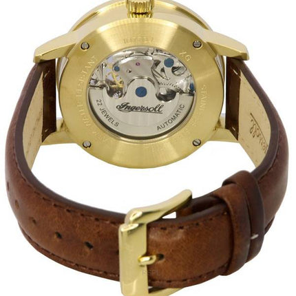 Ingersoll The Jazz Moon Phase Leather Strap Skeleton Gold Dial Automatic I07704 Mens Watch