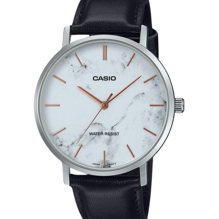 Casio Standard Analog Black Leather Strap Marble Inspired White Dial Quartz MTP-VT01LM-7A Men's Watch