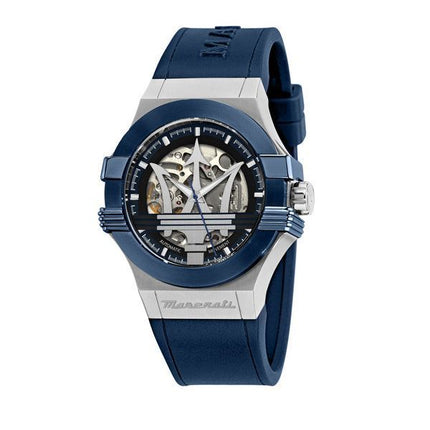 Maserati Potenza Blue Rubber Strap Silver Skeleton Dial Automatic R8821108035 100M Men's Watch