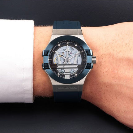 Maserati Potenza Blue Rubber Strap Silver Skeleton Dial Automatic R8821108035 100M Men's Watch