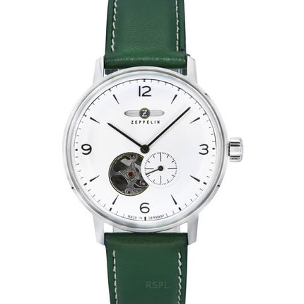 Zeppelin LZ129 Hindenburg Green Leather Strap Open Heart White Dial Automatic 80661N Men's Watch