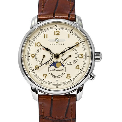 Zeppelin Mediterranean Moon Phase Leather Strap Beige Dial Quartz 96365 Men's Watch